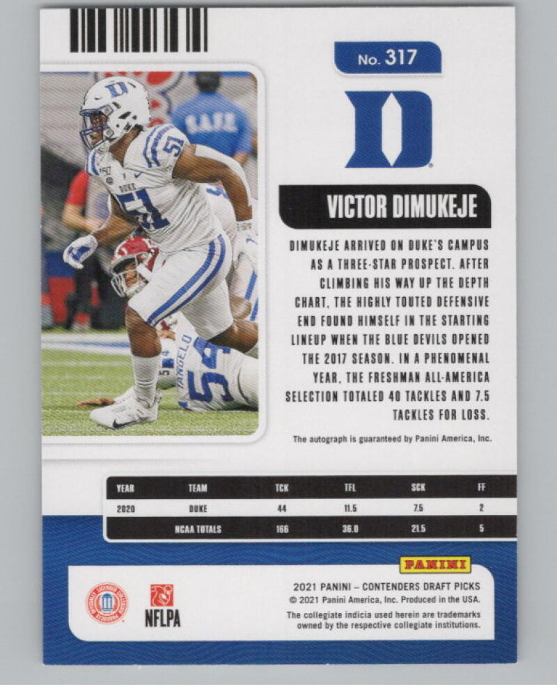 2021 Panini Contenders Draft Picks #317 Victor Dimukeje Rookie Auto V98680 Image 2