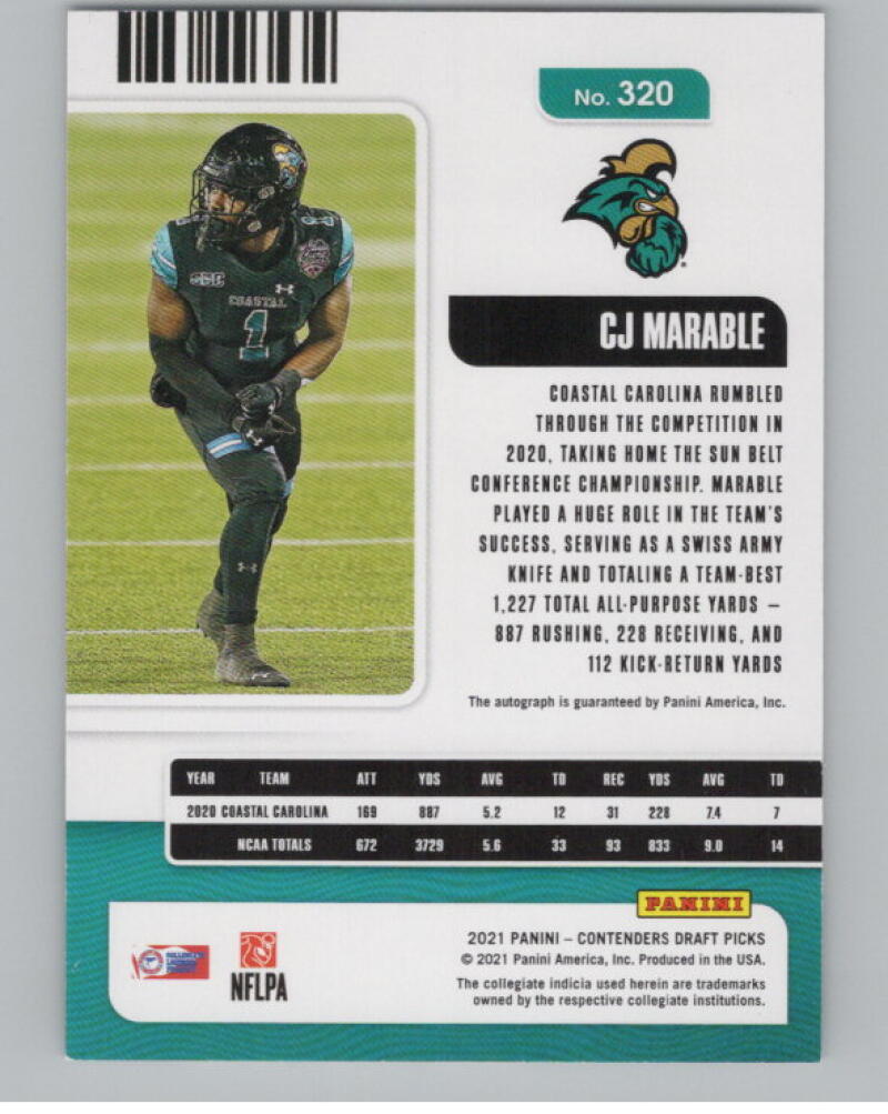 2021 Panini Contenders Draft Picks #320 CJ Marable Rookie Auto V98682 Image 2