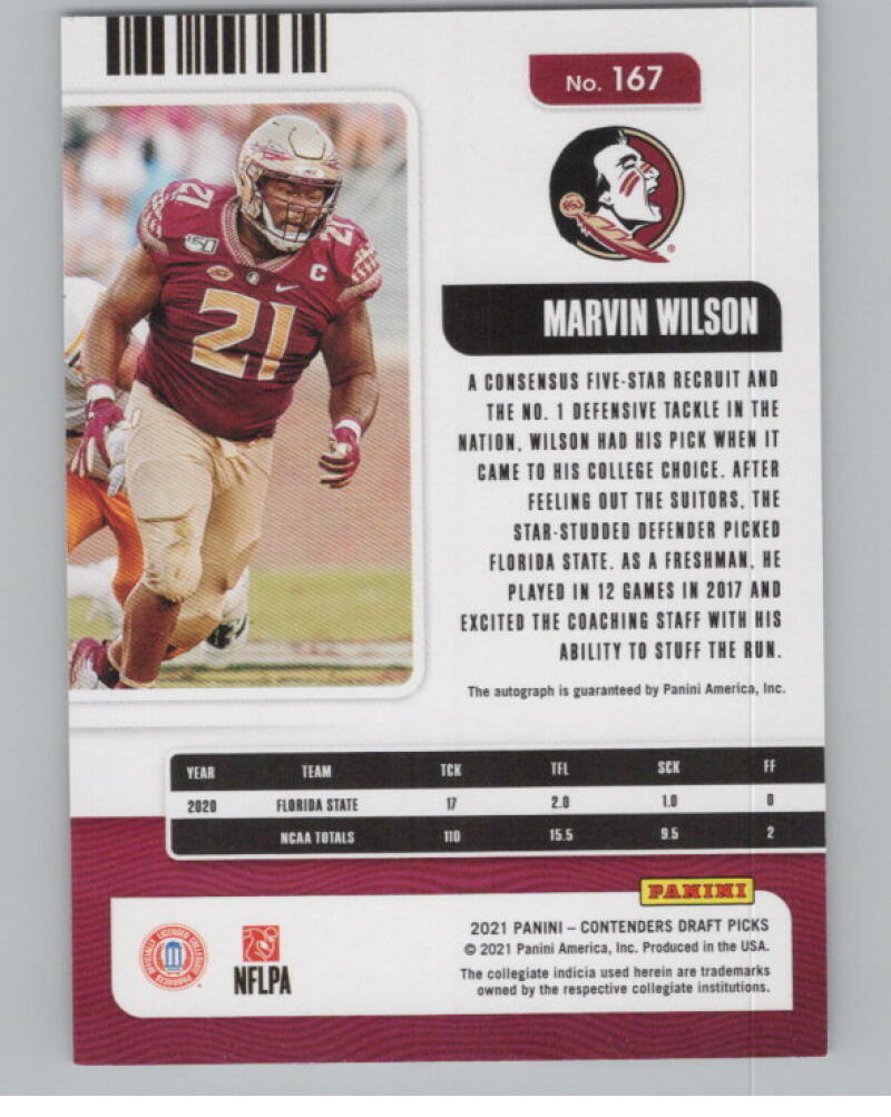 2021 Contenders Draft Picks Ticket Red #167 Marvin Wilson Rookie Auto V98684 Image 2