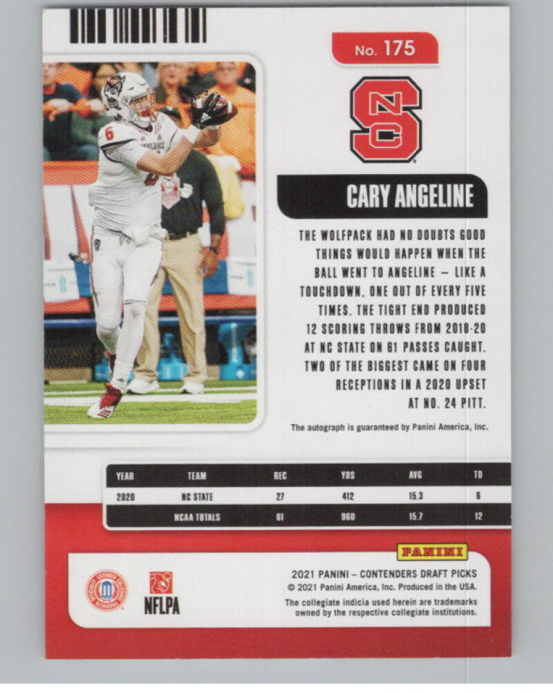 2021 Contenders Draft Picks Ticket Red #175 Cary Angeline Rookie Auto V98686 Image 2
