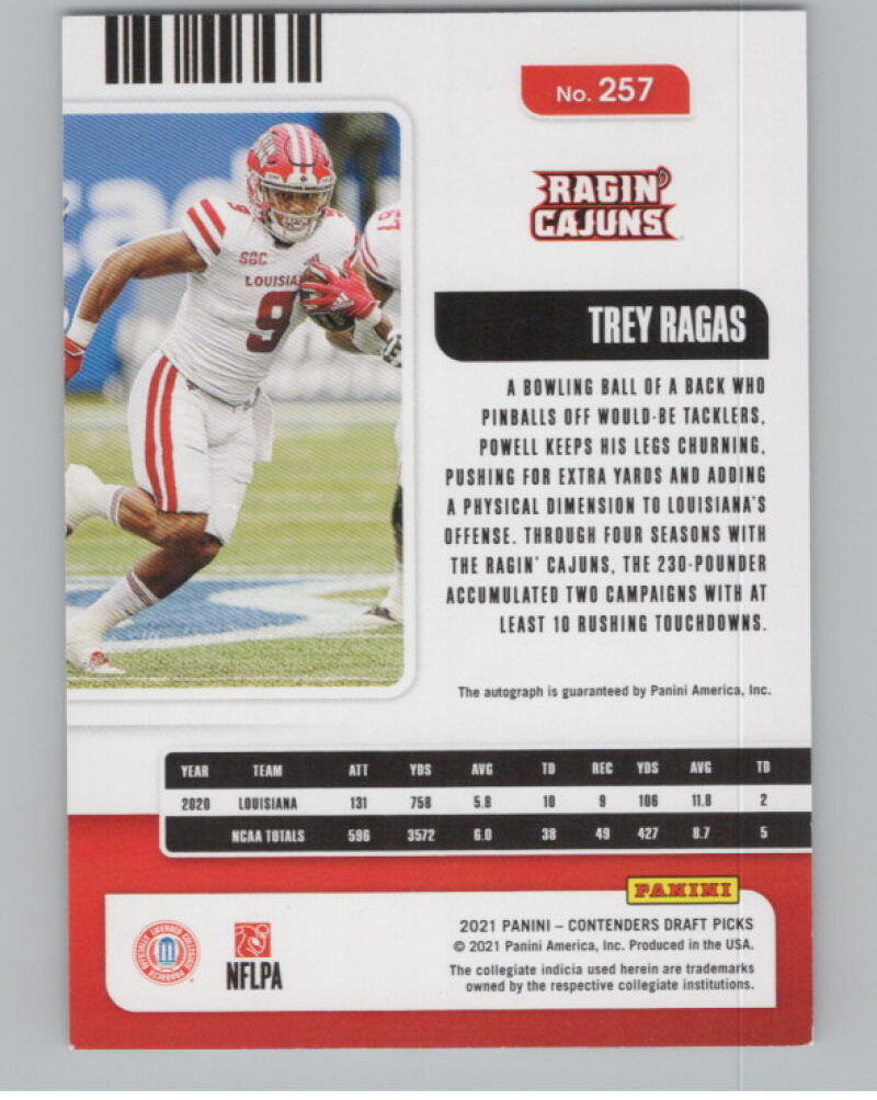 2021 Contenders Draft Picks Ticket Red #257 Trey Ragas Rookie Auto V98689 Image 2