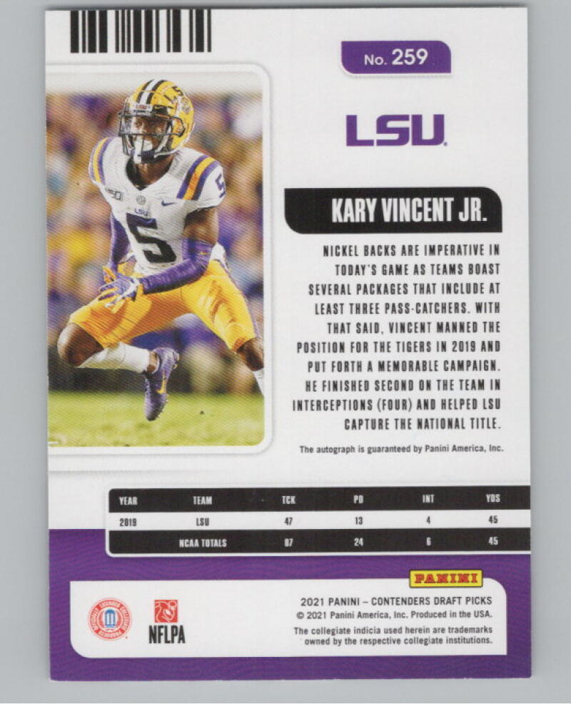 2021 Contenders Draft Picks Ticket Red #259 Kary Vincent Jr. Rookie Auto V98690 Image 2