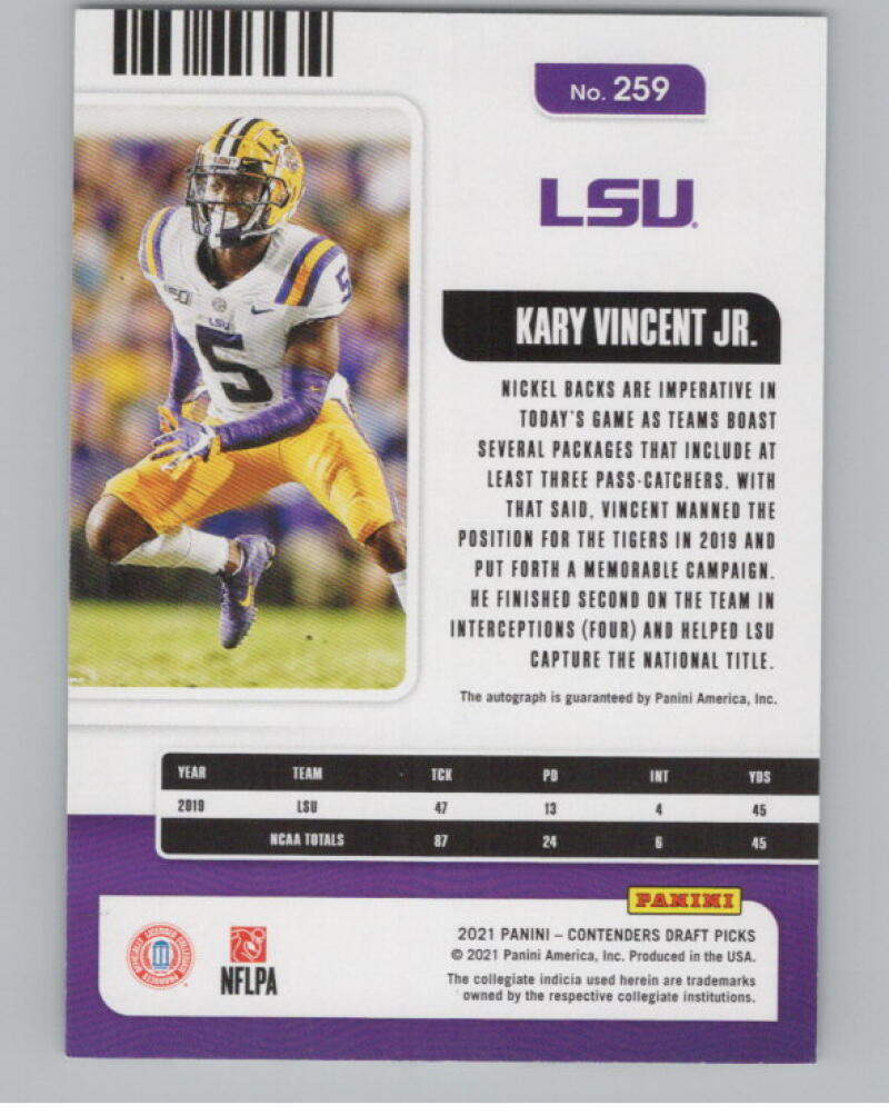 2021 Contenders Draft Picks Ticket Red #259 Kary Vincent Jr. Rookie Auto V98692 Image 2