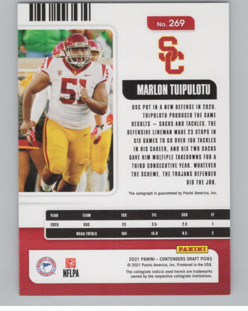 2021 Contenders Draft Picks Ticket Red #269 Marlon Tuipulotu. Rookie Auto V98693 Image 2
