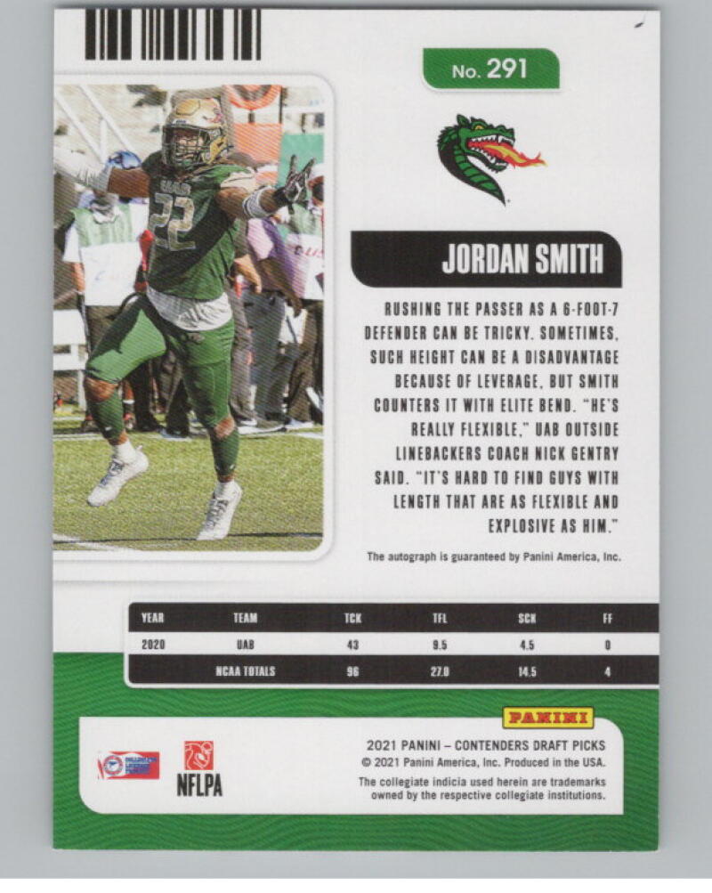 2021 Contenders Draft Picks Ticket Red #291 Jordan Smith Rookie Auto V98694 Image 2