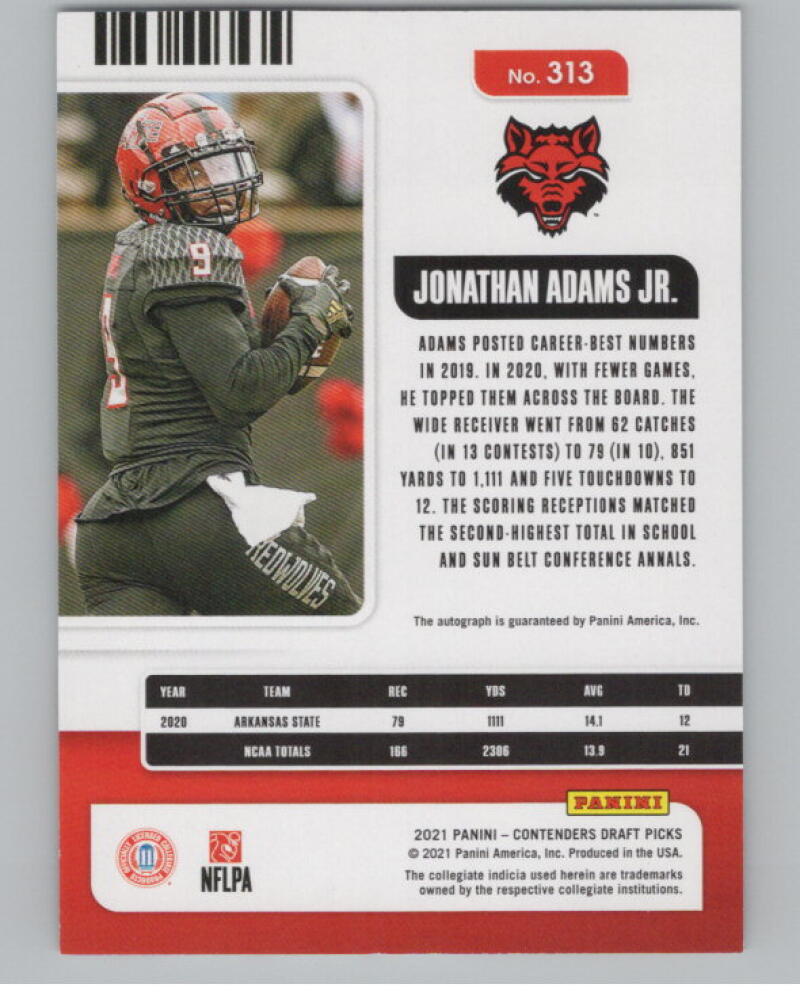 2021 Contenders Draft Picks Ticket Red #313 Jonathan Adams Jr. Rookie Auto V98695 Image 2