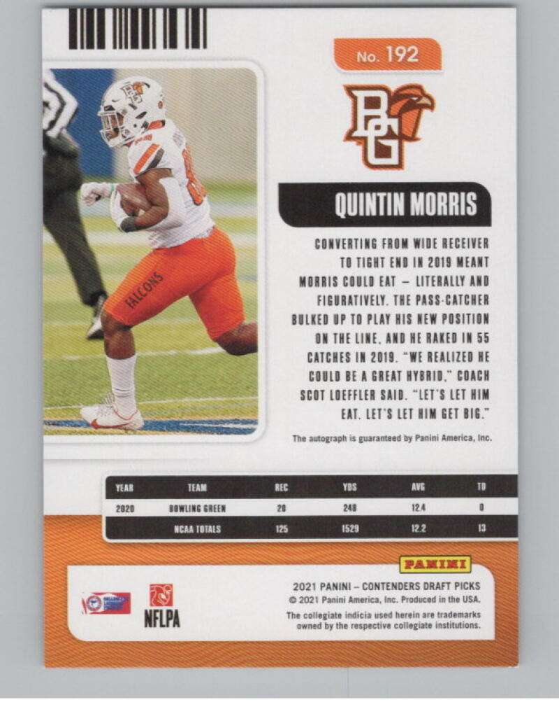 2021 Contenders Draft Picks Red Explosion #192 Quintin Morris Rookie Auto V98703 Image 2