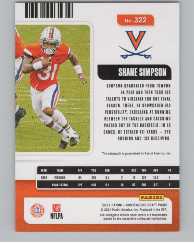 2021 Contenders Draft Picks Pink Cracked Ice #322 Shane Simpson 23/23 RC Auto V98704 Image 2