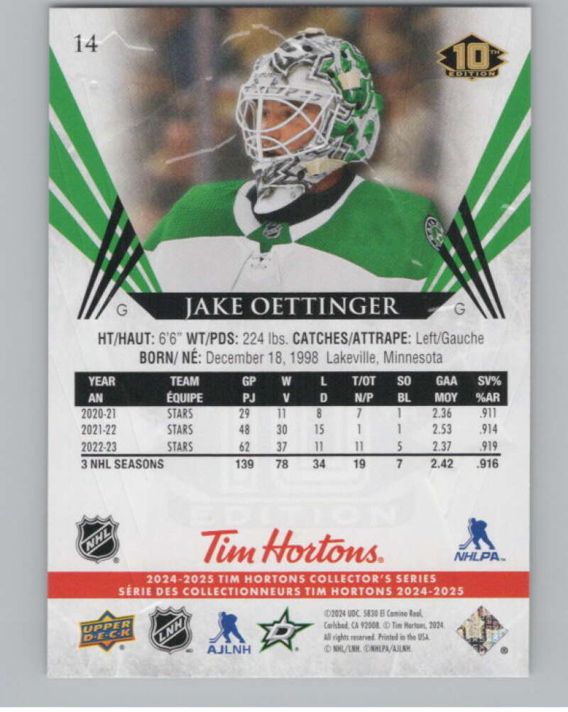 2024-25 Upper Deck Tim Hortons Hockey #14 Jake Oettinger Image 2