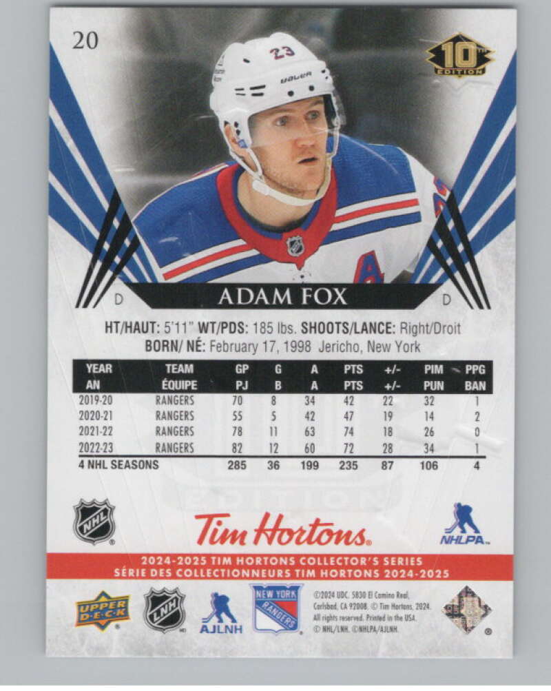 2024-25 Upper Deck Tim Hortons Hockey #20 Adam Fox Image 2