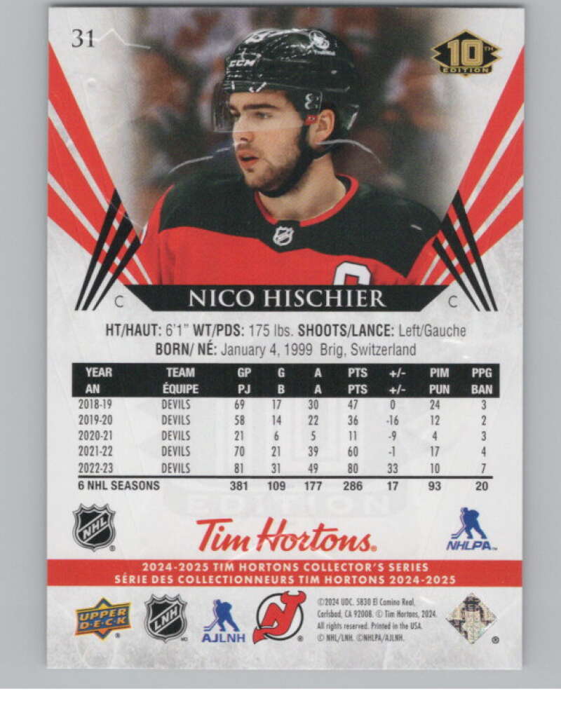 2024-25 Upper Deck Tim Hortons Hockey #31 Nico Hischier Image 2