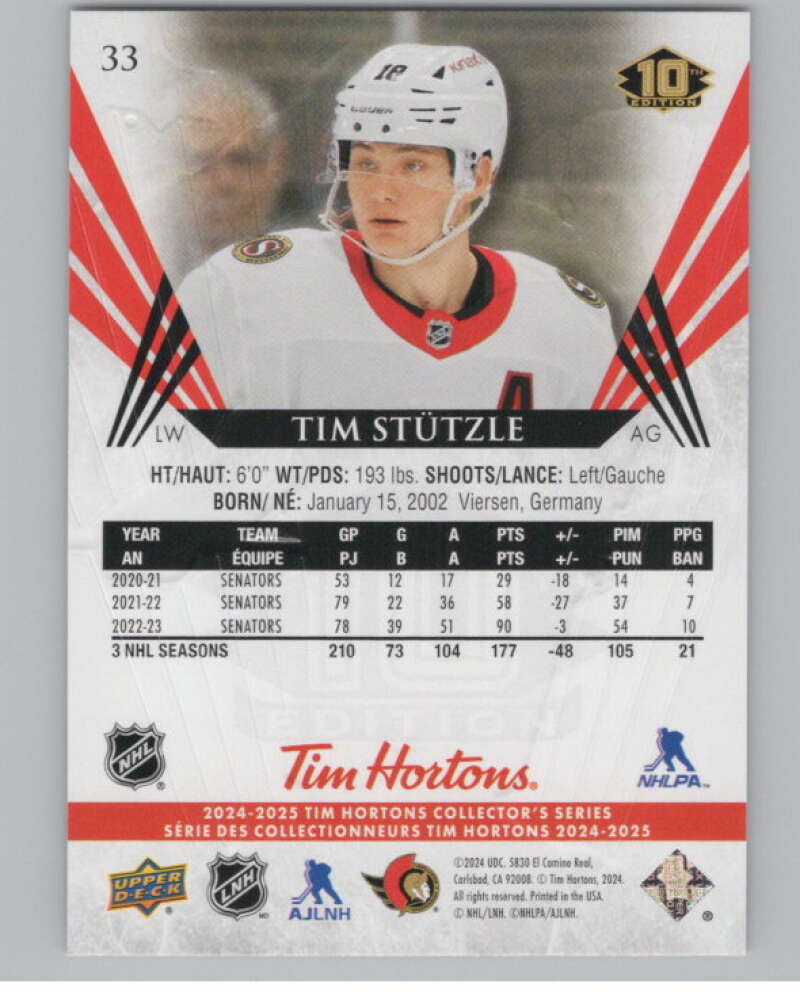 2024-25 Upper Deck Tim Hortons Hockey #33 Tim Stutzle Image 2