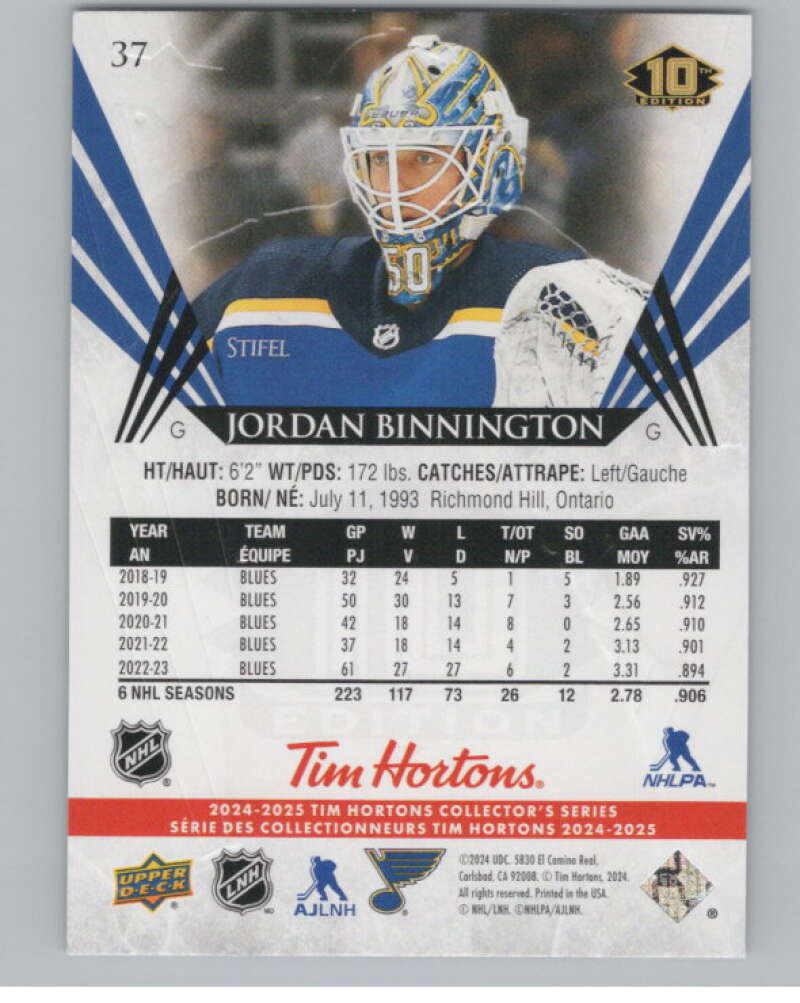 2024-25 Upper Deck Tim Hortons Hockey #37 Jordan Binnington Image 2