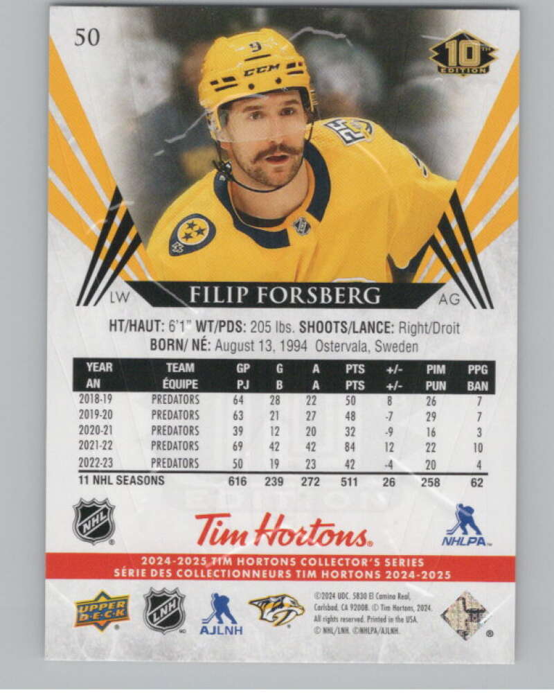 2024-25 Upper Deck Tim Hortons Hockey #50 Filip Forsberg Image 2