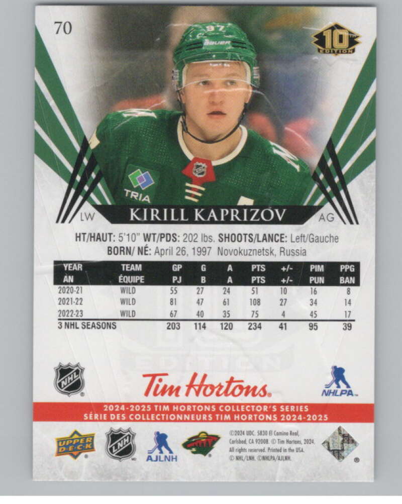 2024-25 Upper Deck Tim Hortons Hockey #70 Kirill Kaprizov Image 2