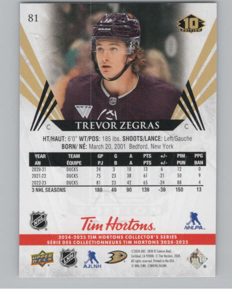 2024-25 Upper Deck Tim Hortons Hockey #81 Trevor Zegras Image 2