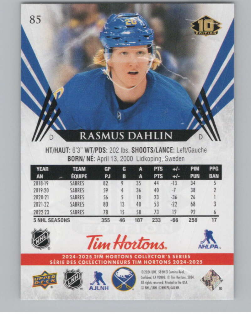 2024-25 Upper Deck Tim Hortons Hockey #85 Rasmus Dahlin Image 2