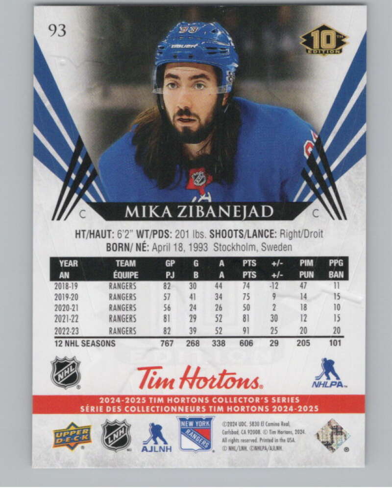 2024-25 Upper Deck Tim Hortons Hockey #93 Mika Zibanejad Image 2