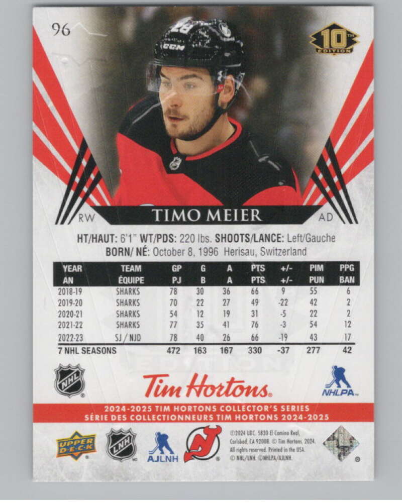 2024-25 Upper Deck Tim Hortons Hockey #96 Timo Meier Image 2