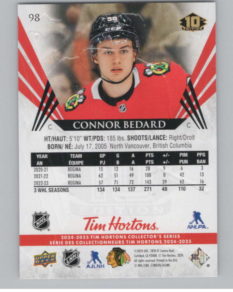 2024-25 Upper Deck Tim Hortons Hockey #98 Connor Bedard Image 2