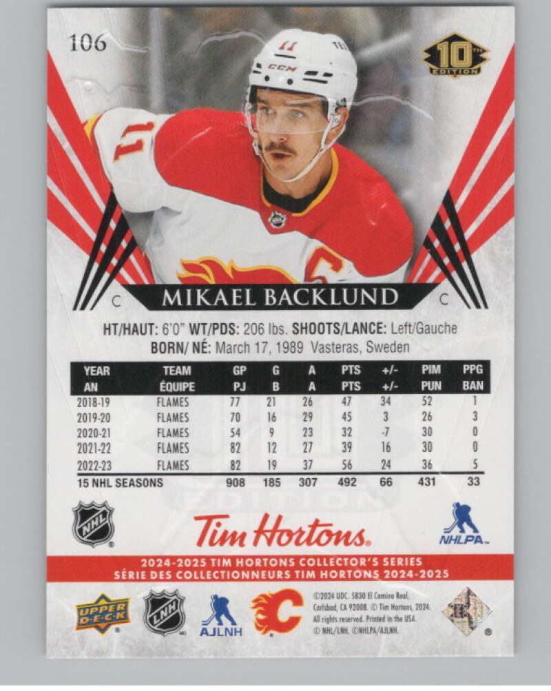 2024-25 Upper Deck Tim Hortons Hockey #106 Mikael Backlund Image 2