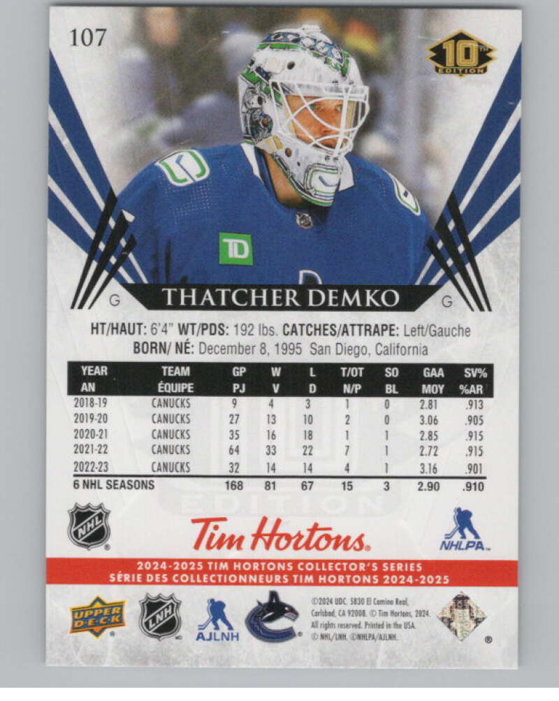 2024-25 Upper Deck Tim Hortons Hockey #107 Thatcher Demko Image 2