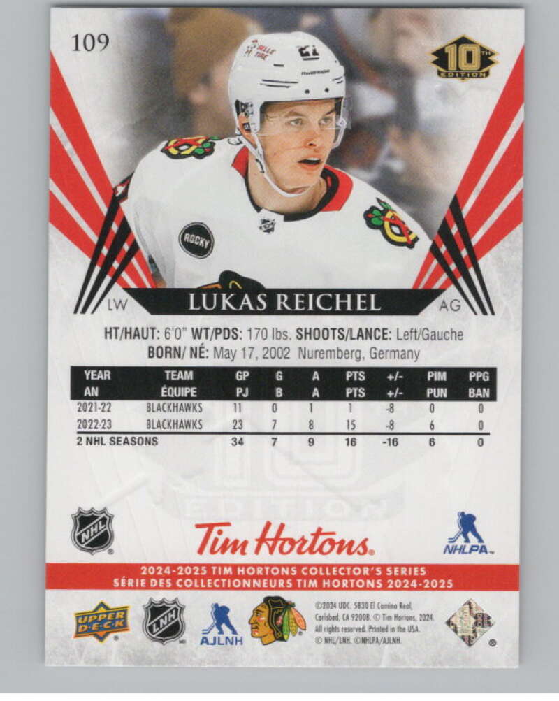 2024-25 Upper Deck Tim Hortons Hockey #109 Lukas Reichel Image 2