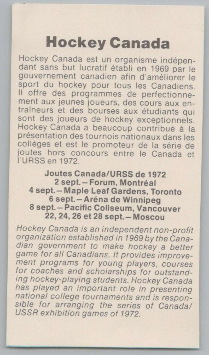 1972 Canada vs USSR Hockey Canada Info Card V98783 Image 1