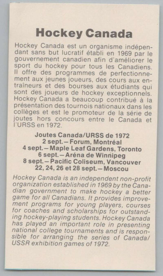 1972 Canada vs USSR Hockey Canada Info Card V98783 Image 1