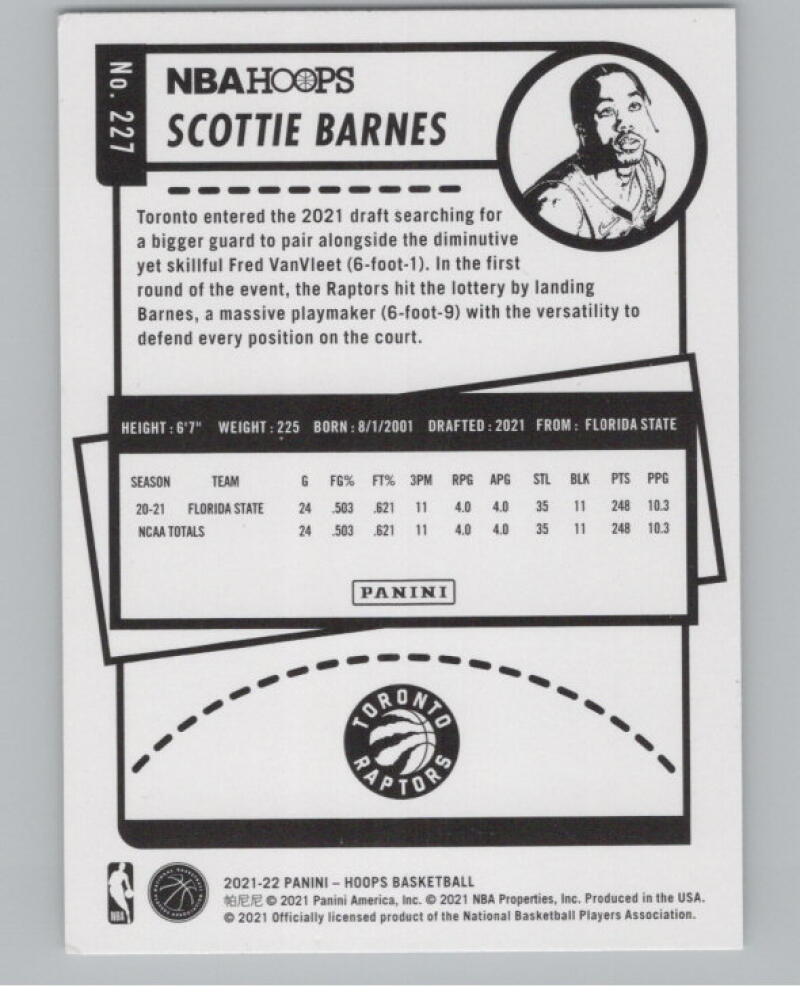 2021-22 Hoops Winter #227 Scottie Barnes RC Rookie V98951 Image 2