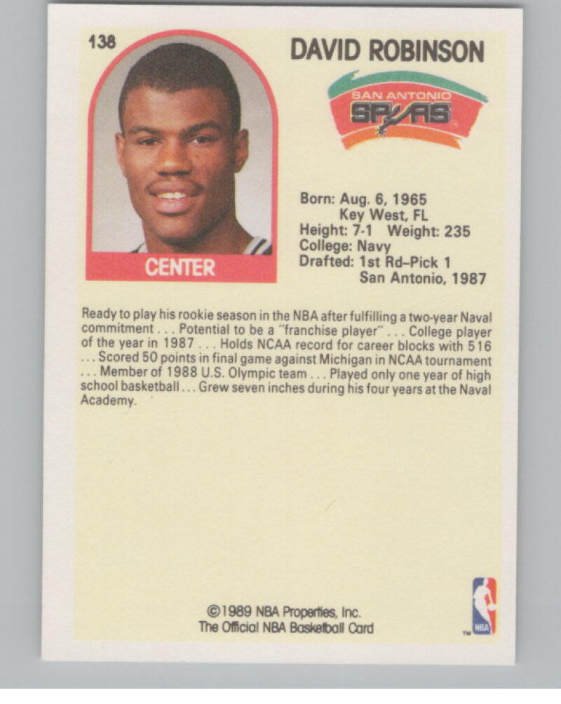 1989-90 Hoops #138 David Robinson SP RC Rookie Basketball V98958 Image 2