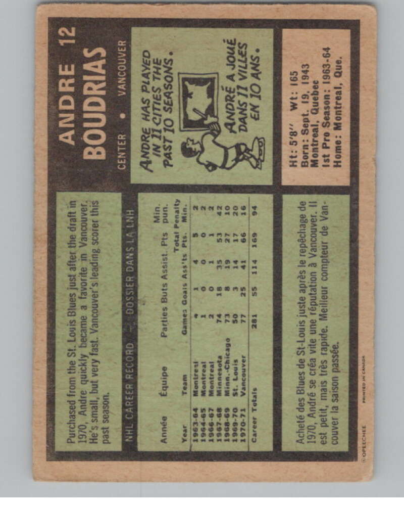 1971-72 O-Pee-Chee #12 Andre Boudrias  Vancouver Canucks  V99014 Image 2