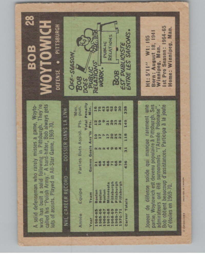 1971-72 O-Pee-Chee #28 Bob Woytowich  Pittsburgh Penguins  V99016 Image 2