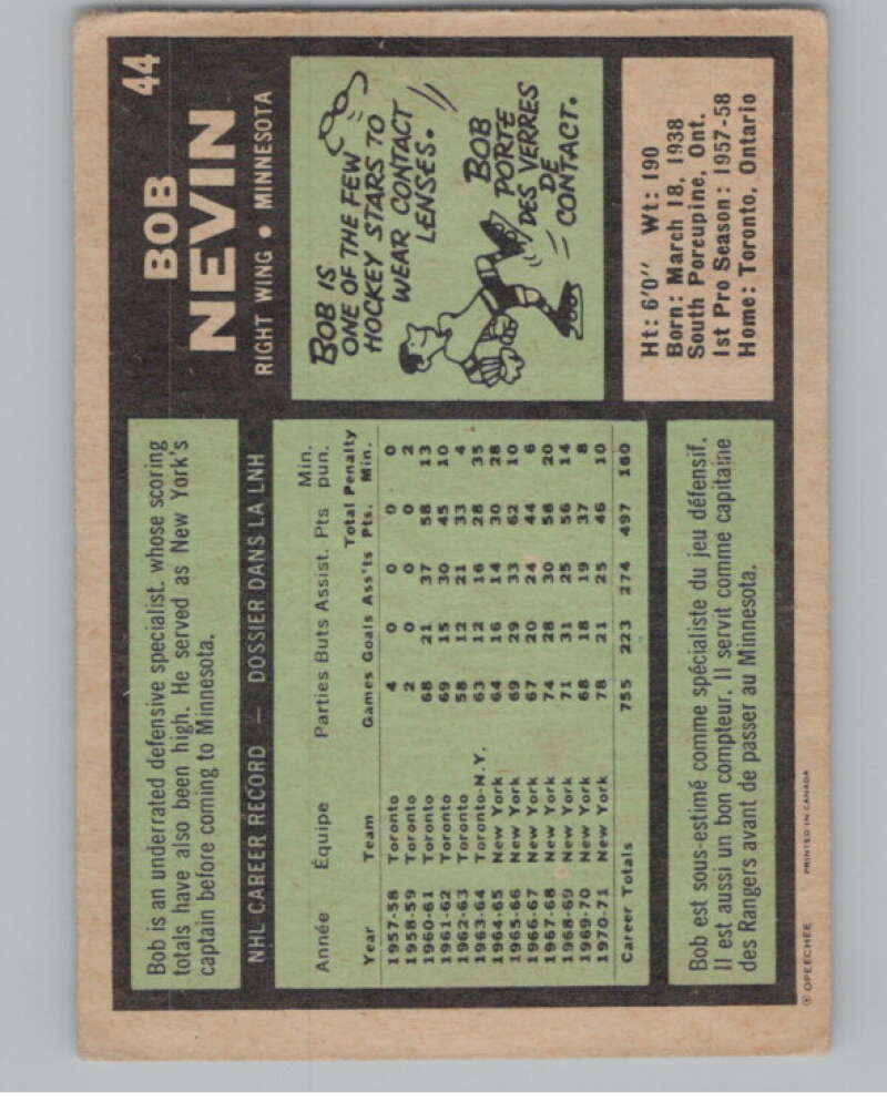 1971-72 O-Pee-Chee #44 Bob Nevin  Minnesota North Stars  V99018 Image 2