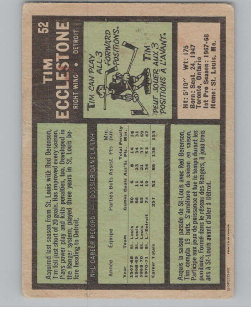 1971-72 O-Pee-Chee #52 Tim Ecclestone  Detroit Red Wings  V99019 Image 2