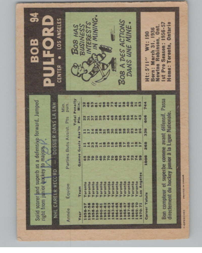 1971-72 O-Pee-Chee #94 Bob Pulford  Los Angeles Kings  V99023 Image 2