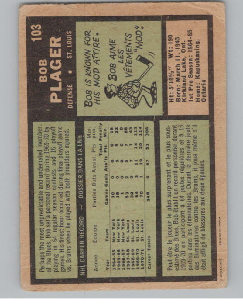 1971-72 O-Pee-Chee #103 Bob Plager UER  St. Louis Blues  V99024 Image 2