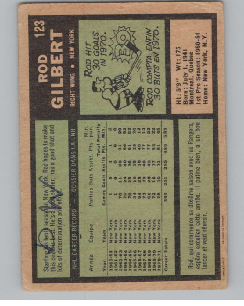 1971-72 O-Pee-Chee #123 Rod Gilbert  New York Rangers  V99026 Image 2
