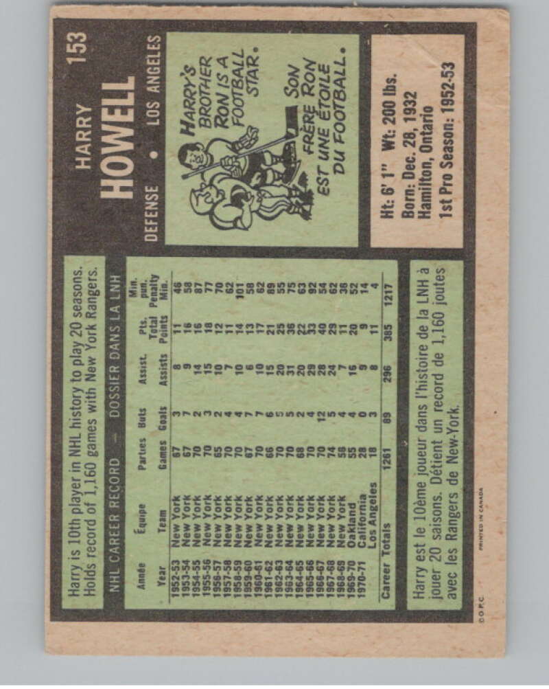1971-72 O-Pee-Chee #153 Harry Howell  Los Angeles Kings  V99029 Image 2