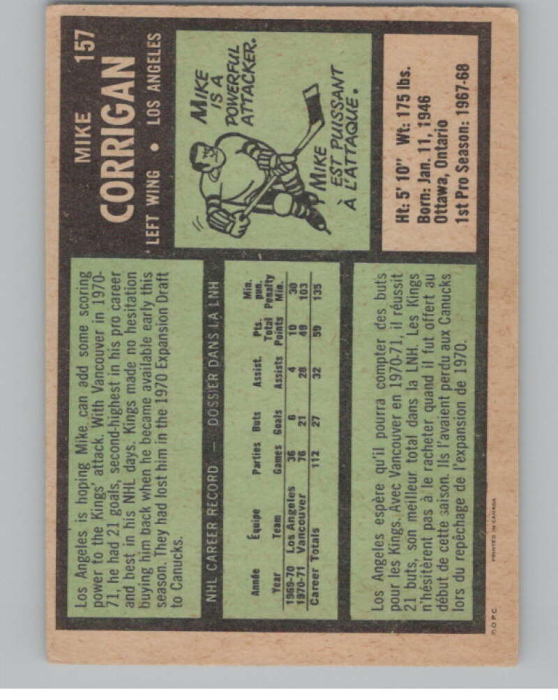 1971-72 O-Pee-Chee #157 Mike Corrigan  Los Angeles Kings  V99030 Image 2
