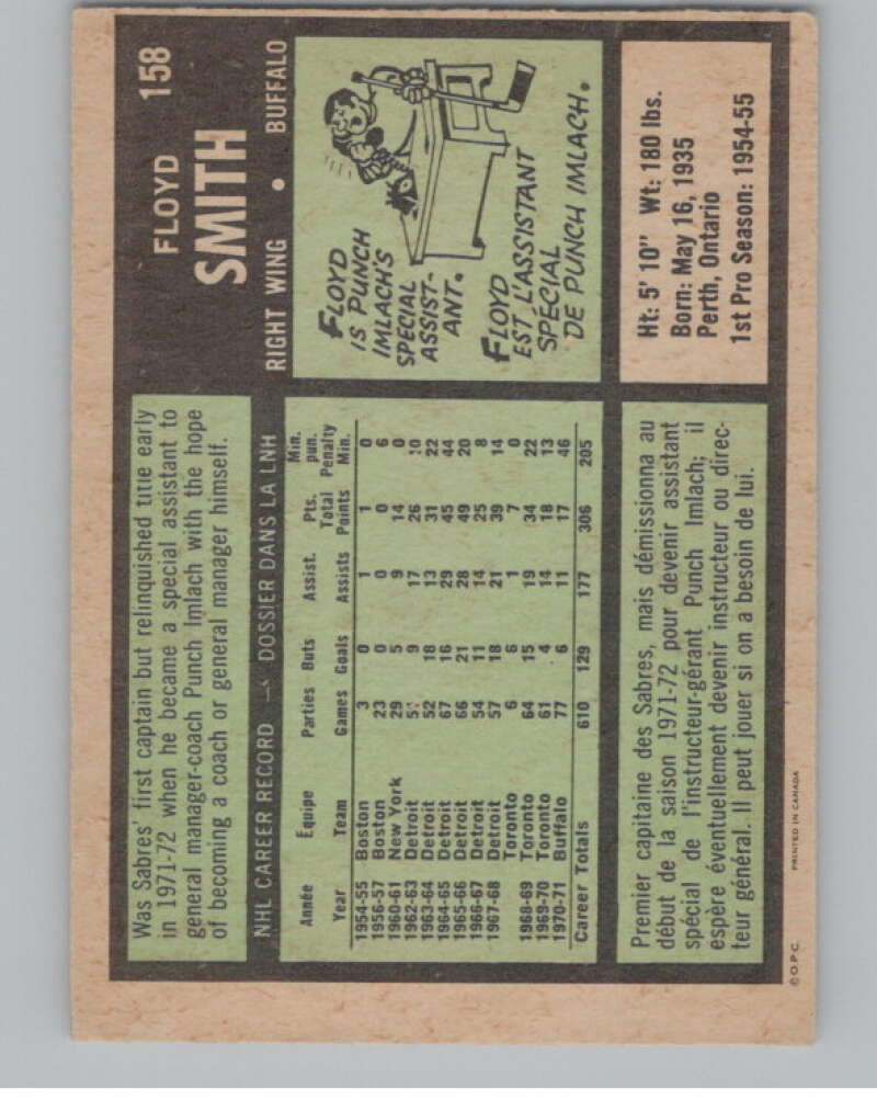 1971-72 O-Pee-Chee #158 Floyd Smith  Buffalo Sabres  V99031 Image 2