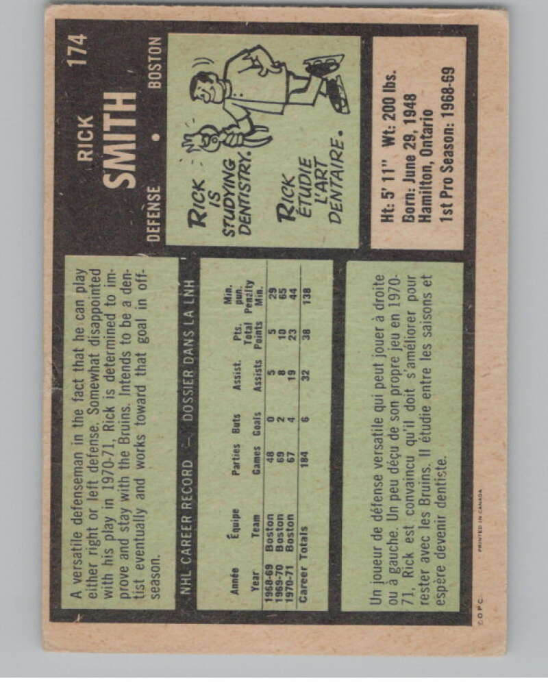 1971-72 O-Pee-Chee #174 Rick Smith  Boston Bruins  V99033 Image 2