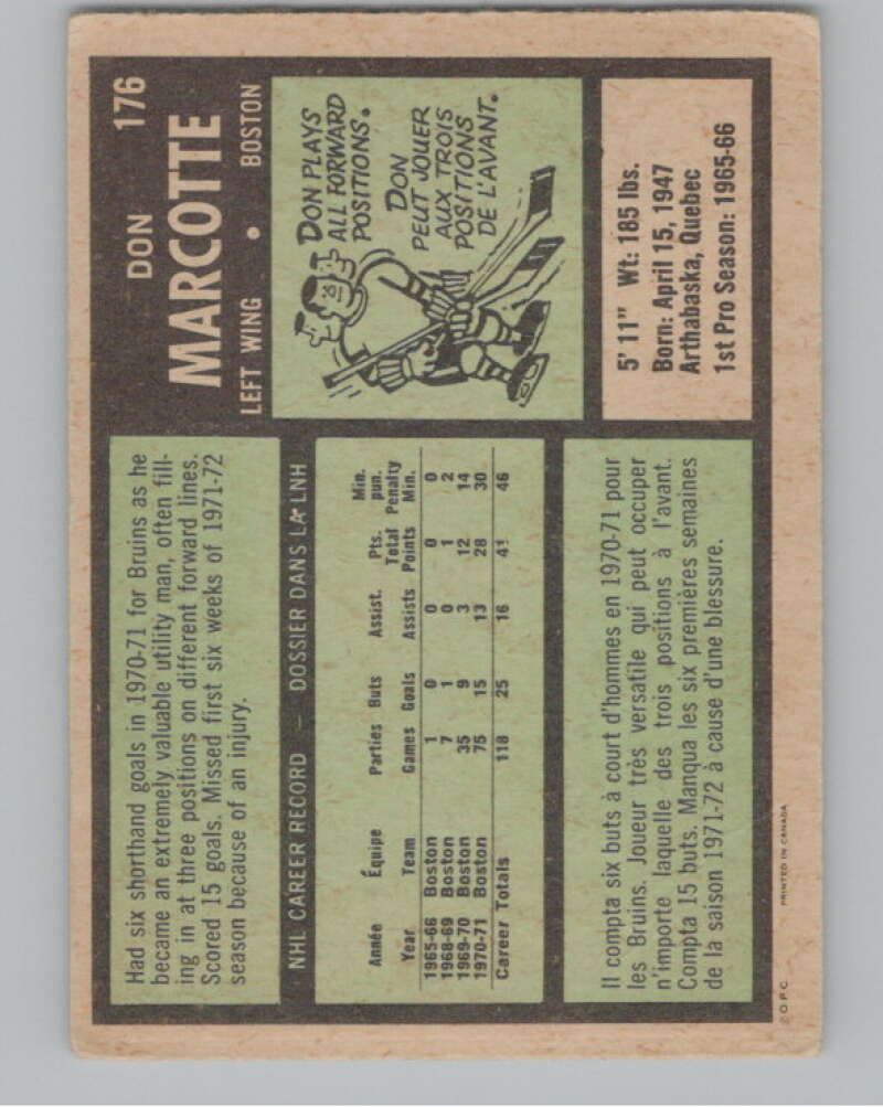 1971-72 O-Pee-Chee #176 Don Marcotte  Boston Bruins  V99034 Image 2
