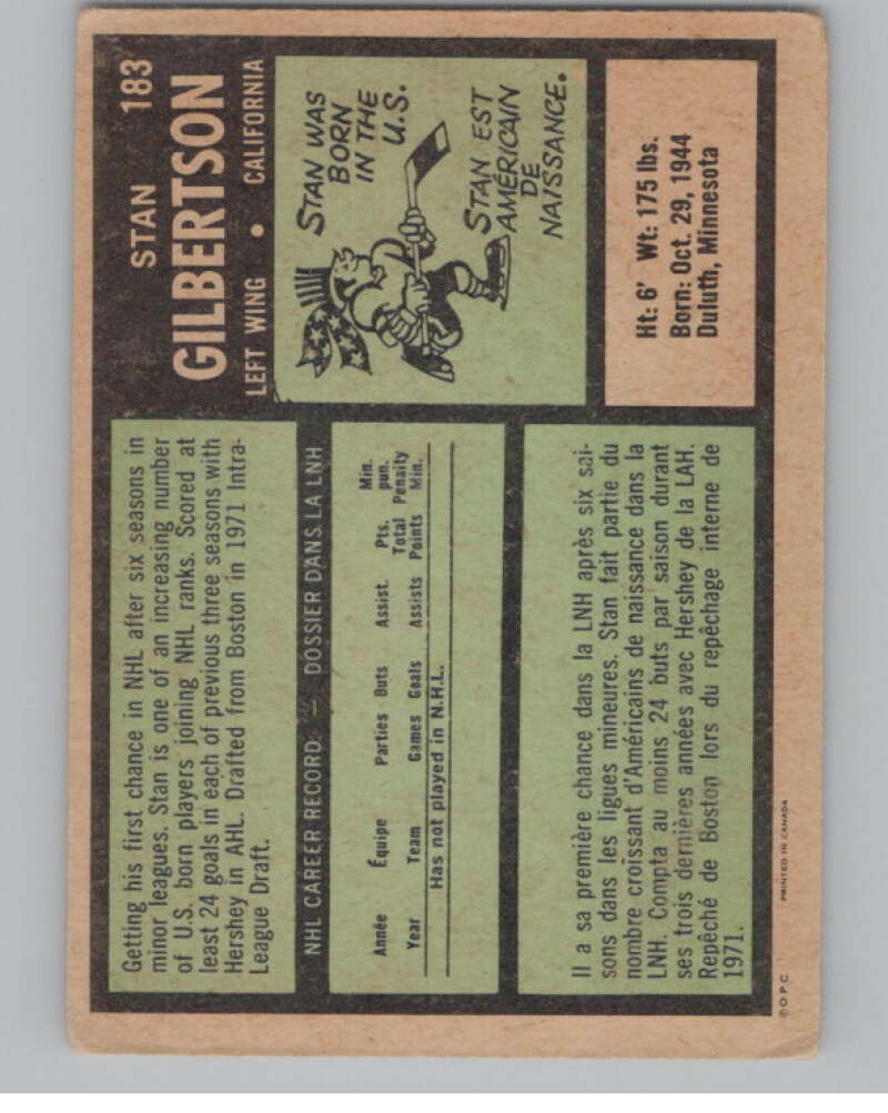 1971-72 O-Pee-Chee #183 Stan Gilbertson RC Rookie Golden Seals  V99036 Image 2