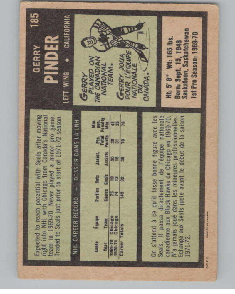 1971-72 O-Pee-Chee #185 Gerry Pinder  California Golden Seals  V99037 Image 2