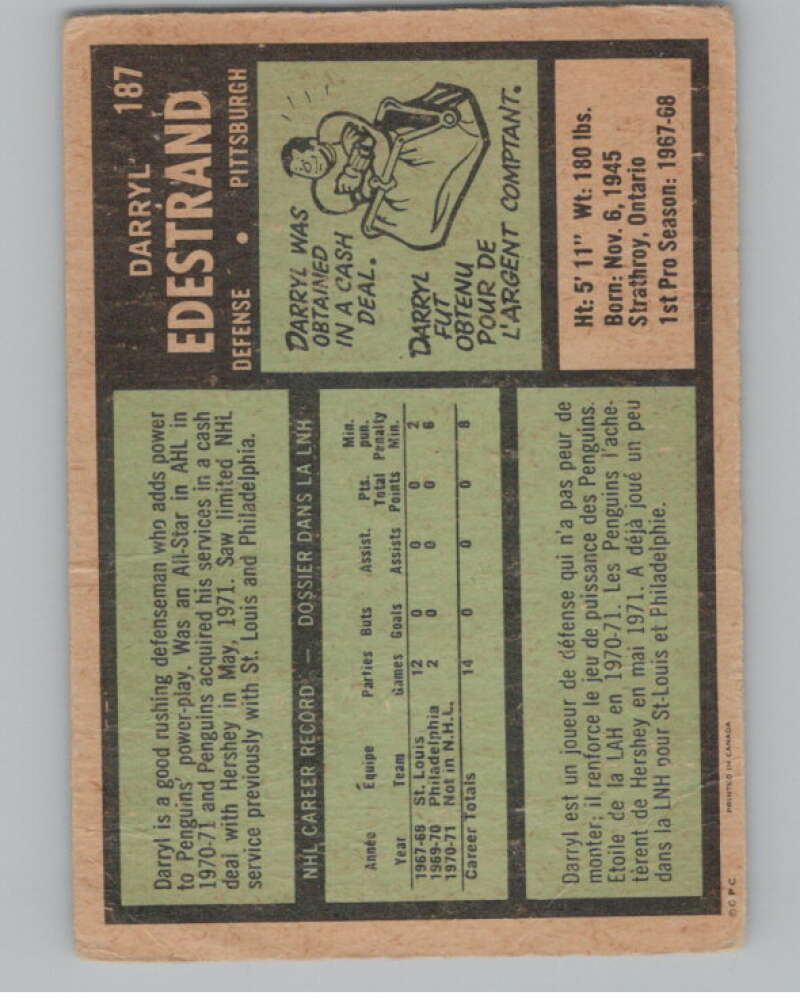 1971-72 O-Pee-Chee #187 Darryl Edestrand  RC Rookie Penguins  V99038 Image 2