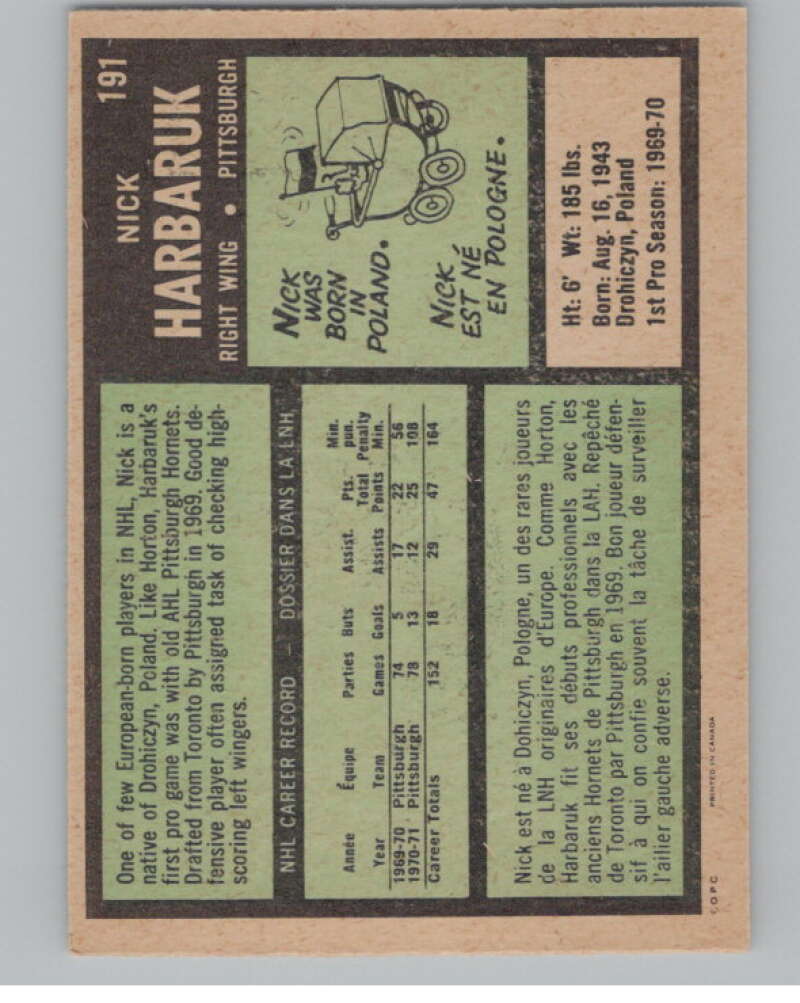 1971-72 O-Pee-Chee #191 Nick Harbaruk  RC Rookie Penguins  V99039 Image 2