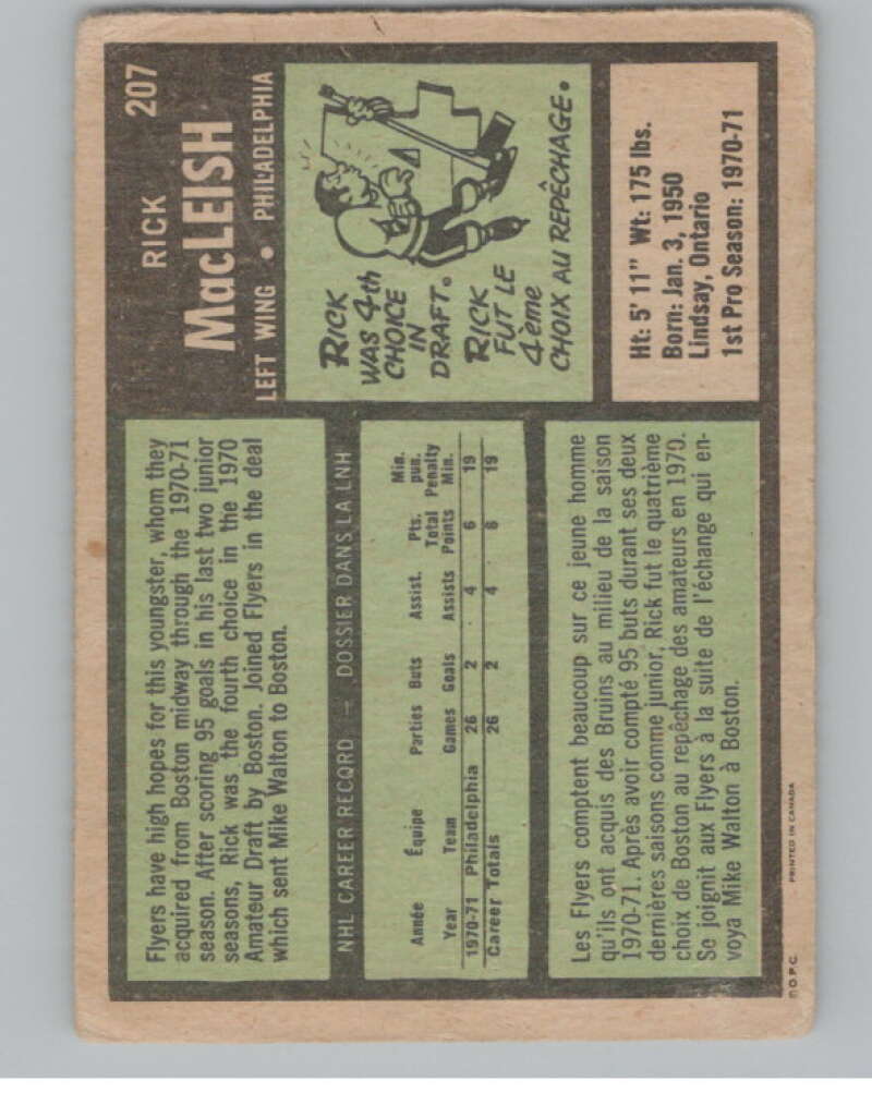 1971-72 O-Pee-Chee #207 Rick MacLeish  RC Rookie Flyers  V99040 Image 2