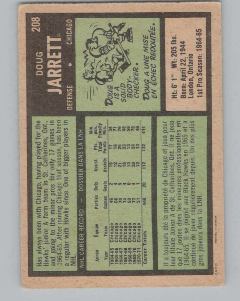 1971-72 O-Pee-Chee #208 Doug Jarrett  Chicago Blackhawks  V99041 Image 2