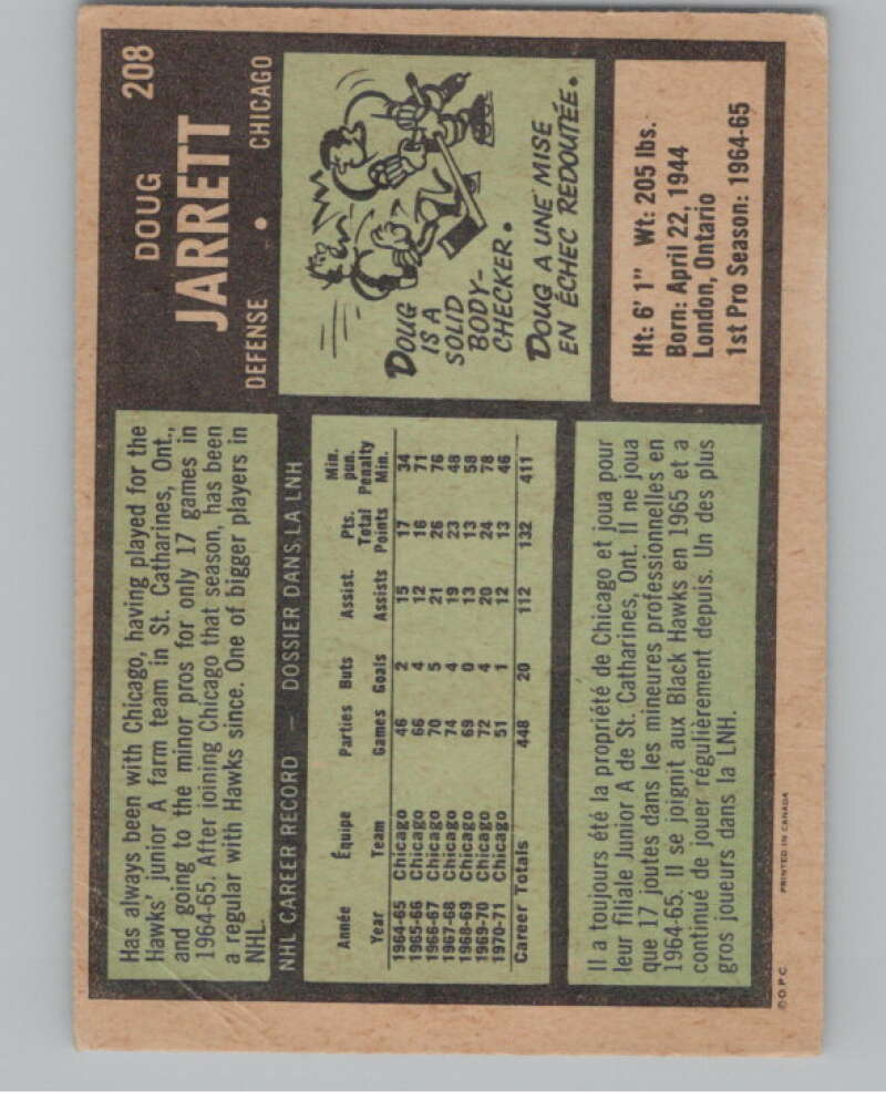 1971-72 O-Pee-Chee #208 Doug Jarrett  Chicago Blackhawks  V99042 Image 2